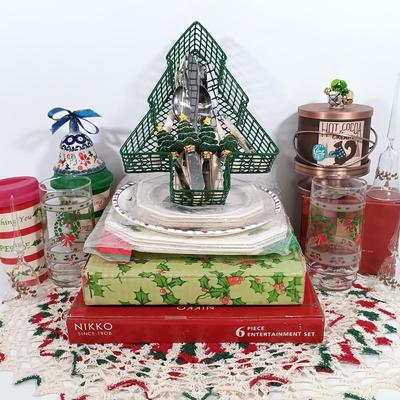 LOT 106: Lefton Holly Candy Cane Tiered Cake Plate, Nikko Holiday Flatware, Lenox Snowmen, Hand Painted Pottery Bell & More