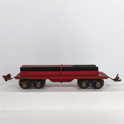 LOT 193: Lionel 1682 Red Caboose, 1680 Sunoco Tank Car, Flat Car with Lumber, 1679 Baby Ruth Box Car & More