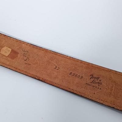 LOT 195: Tony Lama Tooled Leather Acorn Belt, Braided and Tooled Leather Belt Made in Mexico & (2) Vintage Bolo Ties