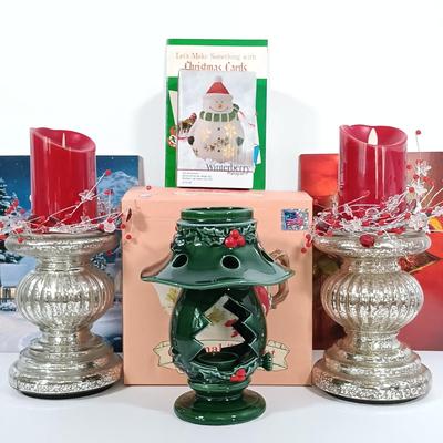 LOT 196: Christmas Collection- Fenton Holly Berry Candle Lamp, Pfaltzgraff Winterberry Snowman Light, Christmas Traditions Cardinal...
