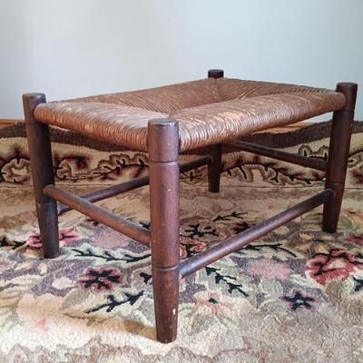 LOT 197: Antique Mirror, Hooked Rug, Child's Chair & Woven Rush Seat Stool