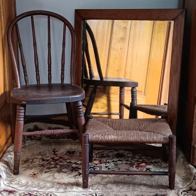 LOT 197: Antique Mirror, Hooked Rug, Child's Chair & Woven Rush Seat Stool