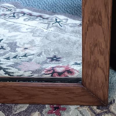 LOT 197: Antique Mirror, Hooked Rug, Child's Chair & Woven Rush Seat Stool