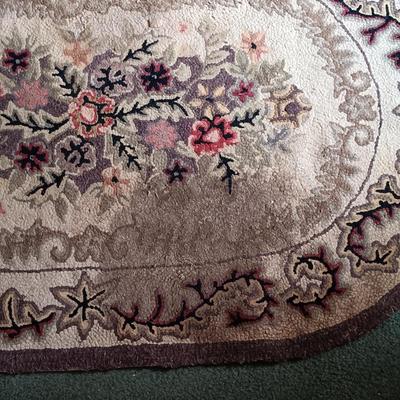 LOT 197: Antique Mirror, Hooked Rug, Child's Chair & Woven Rush Seat Stool
