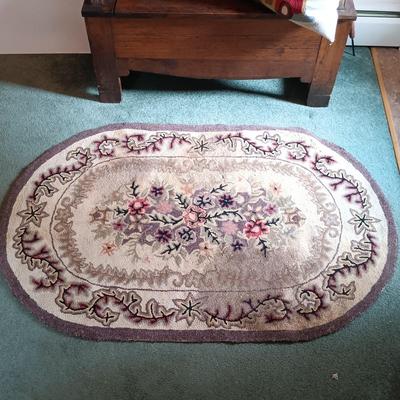 LOT 197: Antique Mirror, Hooked Rug, Child's Chair & Woven Rush Seat Stool