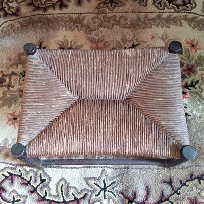 LOT 197: Antique Mirror, Hooked Rug, Child's Chair & Woven Rush Seat Stool