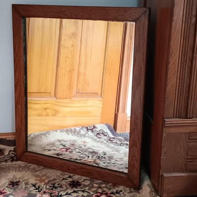 LOT 197: Antique Mirror, Hooked Rug, Child's Chair & Woven Rush Seat Stool