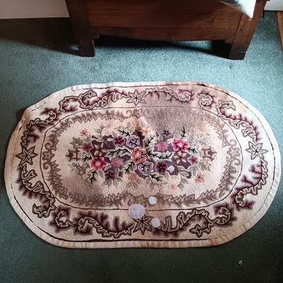 LOT 197: Antique Mirror, Hooked Rug, Child's Chair & Woven Rush Seat Stool