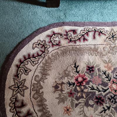 LOT 197: Antique Mirror, Hooked Rug, Child's Chair & Woven Rush Seat Stool