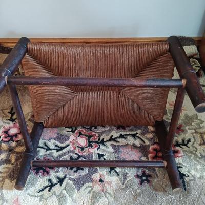 LOT 197: Antique Mirror, Hooked Rug, Child's Chair & Woven Rush Seat Stool