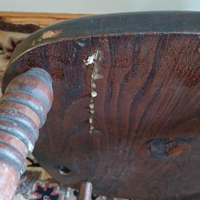 LOT 197: Antique Mirror, Hooked Rug, Child's Chair & Woven Rush Seat Stool