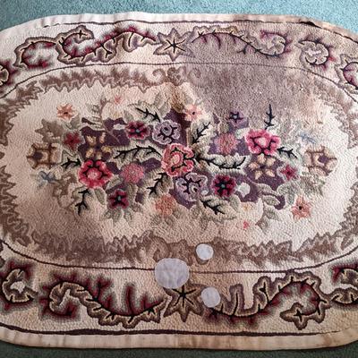 LOT 197: Antique Mirror, Hooked Rug, Child's Chair & Woven Rush Seat Stool