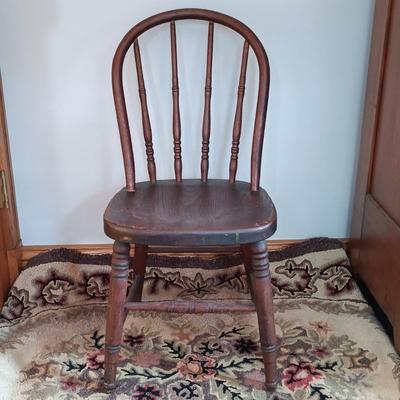LOT 197: Antique Mirror, Hooked Rug, Child's Chair & Woven Rush Seat Stool
