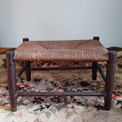 LOT 197: Antique Mirror, Hooked Rug, Child's Chair & Woven Rush Seat Stool