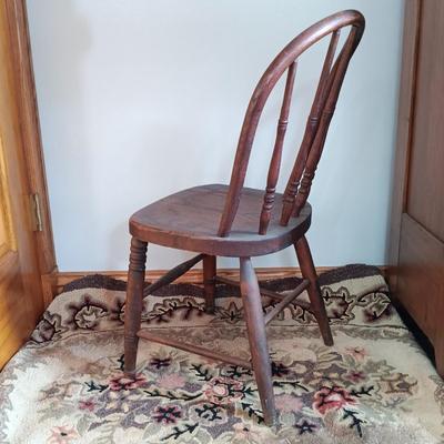 LOT 197: Antique Mirror, Hooked Rug, Child's Chair & Woven Rush Seat Stool