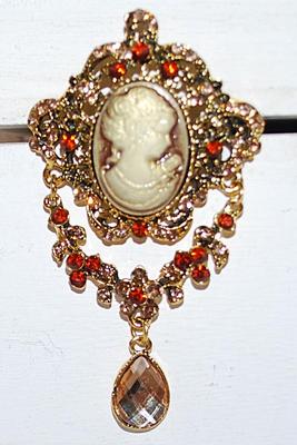 Beautiful BEIGE CAMEO BROOCH (2¾" x 1¾") with ORANGE/RED Accent Stones & Beveled Teardrop Dangle on a Gold Tone Setting