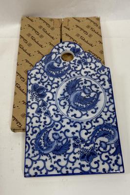 Sale Photo Thumbnail #112: Vintage Takahashi San Francisco Trivet/Eden Blue & White Floral Pattern/Porcelain/Cheese Plate/Cutting Board/Hand Painted. With original box. Approx. 9" long.