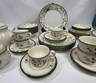 Vintage Vernonware by Metlox China - 35 Pieces California Pottery red yellow blue flower border with green trim