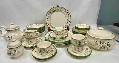 Vintage Vernonware by Metlox China - 35 Pieces California Pottery red yellow blue flower border with green trim