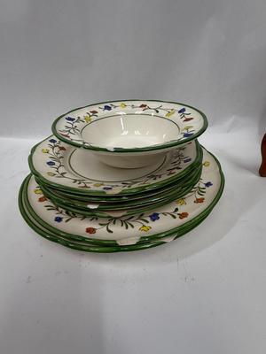 Vintage Vernonware by Metlox China - 35 Pieces California Pottery red yellow blue flower border with green trim