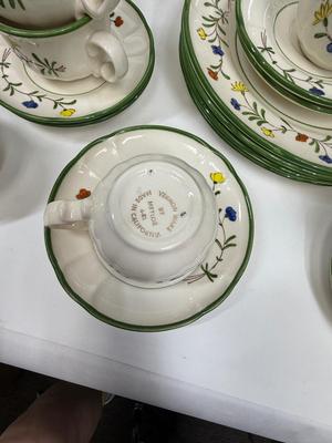 Vintage Vernonware by Metlox China - 35 Pieces California Pottery red yellow blue flower border with green trim