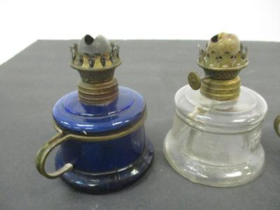Antique Miniature Glass Nutmeg Oil Lamps Brass Finger-hold #1