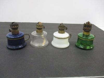 Antique Miniature Glass Nutmeg Oil Lamps Brass Finger-hold #1