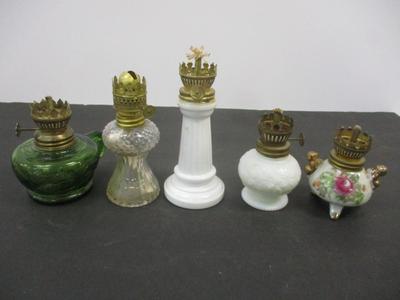 Miniature Lamps - Hong Kong Green Glass Lamp - LE Smith Clear Hobnail Lamp - Milk Glass Lamp With Embossed Design - Porcelain Pink Red...