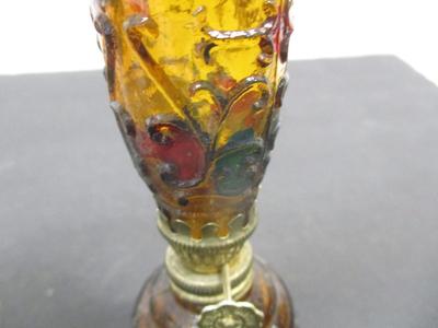 Antique Miniature Lamps - Amber Glass Base - Lamp With Shade & Cosmos Decorations - Decorative Amber Lamp #5
