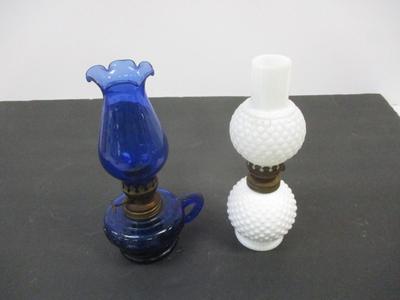 Vintage Cobalt Blue Glass Finger Oil Lamp Fruit Base & Ruffled Chimney & Vintage White Hobnail Lamp #6