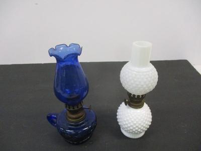 Vintage Cobalt Blue Glass Finger Oil Lamp Fruit Base & Ruffled Chimney & Vintage White Hobnail Lamp #6