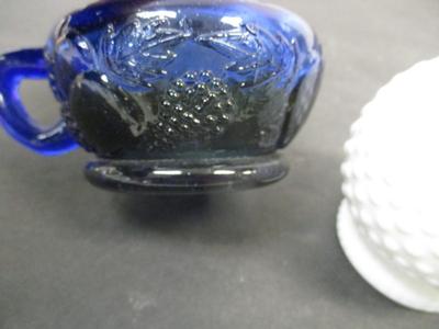 Vintage Cobalt Blue Glass Finger Oil Lamp Fruit Base & Ruffled Chimney & Vintage White Hobnail Lamp #6
