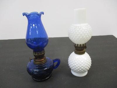 Vintage Cobalt Blue Glass Finger Oil Lamp Fruit Base & Ruffled Chimney & Vintage White Hobnail Lamp #6
