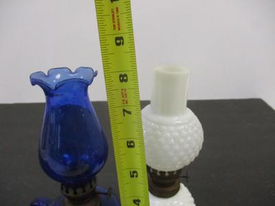 Vintage Cobalt Blue Glass Finger Oil Lamp Fruit Base & Ruffled Chimney & Vintage White Hobnail Lamp #6