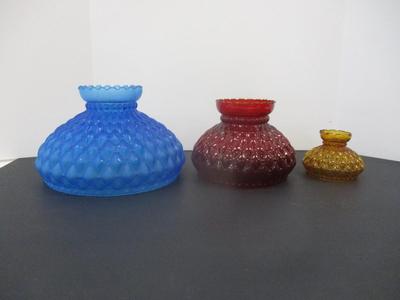 Blue Satin Glass Diamond Quilted Lamp Shade - Ruby Red Aladdin Rayo Diamond Quilt Lamp Shade - Amber Glass Quilted Hurricane Shade #2