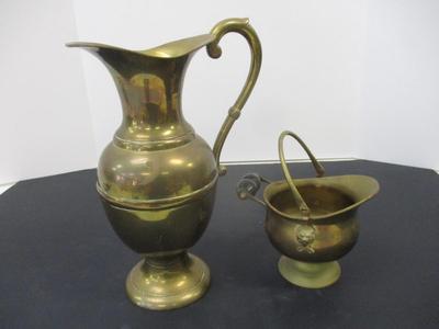 Solid Brass Vintage Urn Pitcher Vase w/ Handle & Brass Bronze Coal Wood Scuttle Delft Handle Brass Lion Heads Decor