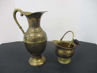 Solid Brass Vintage Urn Pitcher Vase w/ Handle & Brass Bronze Coal Wood Scuttle Delft Handle Brass Lion Heads Decor
