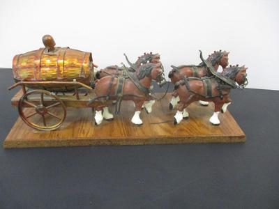 Anheuser Busch Cast Horses & Hammered Barrel Wagon