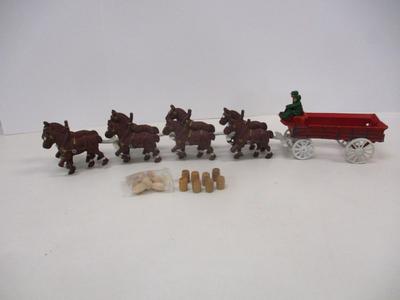 Vintage Cast Iron Budweiser Clydesdale Horses Wagon 8 In Hand With Barrels