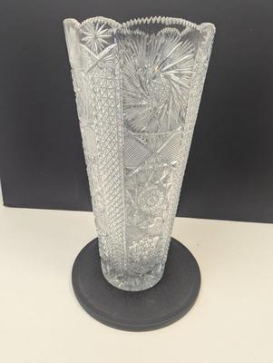Vintage Turkish Brilliant Hand Cut Glass Vase Impressive Diamond and Pinwheel Cut Vase 20" Tall