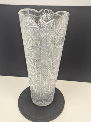 Vintage Turkish Brilliant Hand Cut Glass Vase Impressive Diamond and Pinwheel Cut Vase 20" Tall