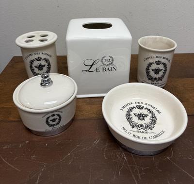 Sale Photo Thumbnail #314: Tissue box cover, tumbler, toothbrush holder, soap dish, and lidded cotton ball/q-tip container. All in good condition.