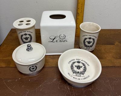 Sale Photo Thumbnail #313: Tissue box cover, tumbler, toothbrush holder, soap dish, and lidded cotton ball/q-tip container. All in good condition.