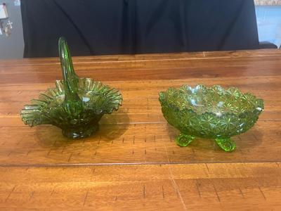 Sale Photo Thumbnail #2: Fenton colonial green art glass basket and vtg daisy & button oval footed green dish