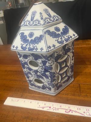 Sale Photo Thumbnail #10: Blue & White ceramic birdhouse