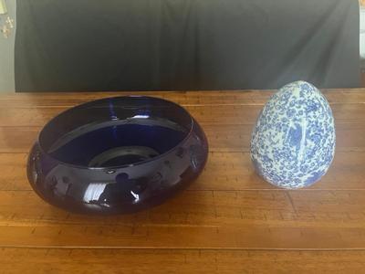 Sale Photo Thumbnail #14: Blue glass bowl, glass marbles, blue/white egg