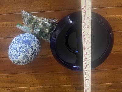 Sale Photo Thumbnail #21: Blue glass bowl, glass marbles, blue/white egg