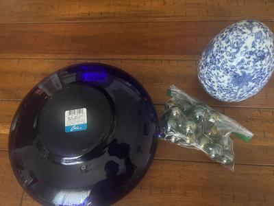 Sale Photo Thumbnail #22: Blue glass bowl, glass marbles, blue/white egg