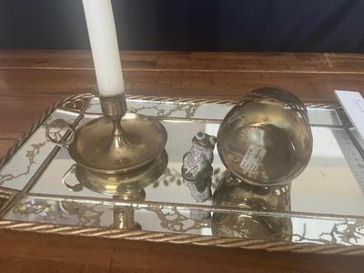 Sale Photo Thumbnail #37: Vanity mirror tray, brass items and frog