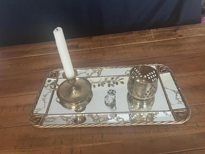 Sale Photo Thumbnail #34: Vanity mirror tray, brass items and frog